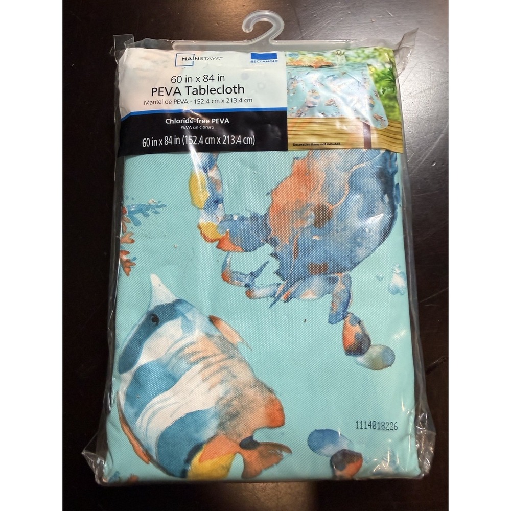 Mainstays Sea Life PEVA Tablecloth 60x84 Rectangle Crab Fish Coastal Ocean New